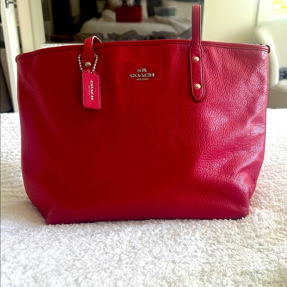 Coach Red Pebbled Leather Tote Bag